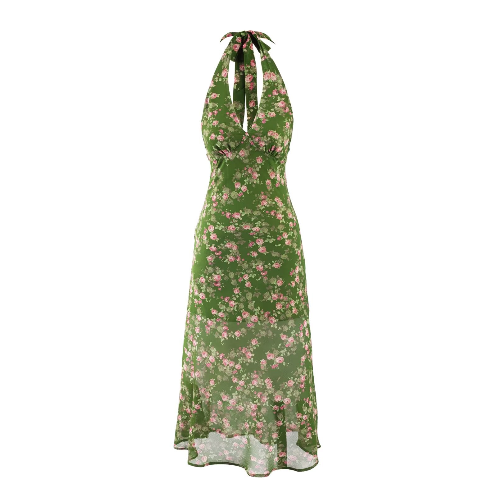 Green Floral Halter Backless Vacation Midi Dress
