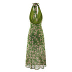 Green Floral Halter Backless Vacation Midi Dress