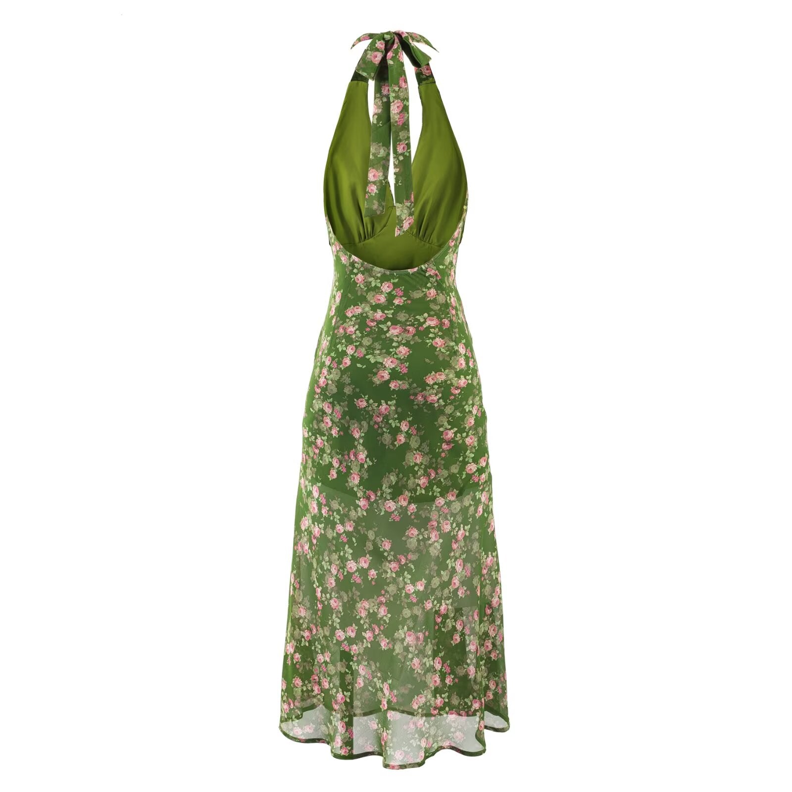 Green Floral Halter Backless Vacation Midi Dress