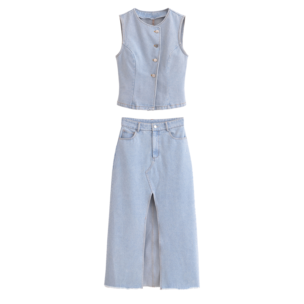 Women's Spring Street Denim Casual Vest and Skirt Two-Piece Set