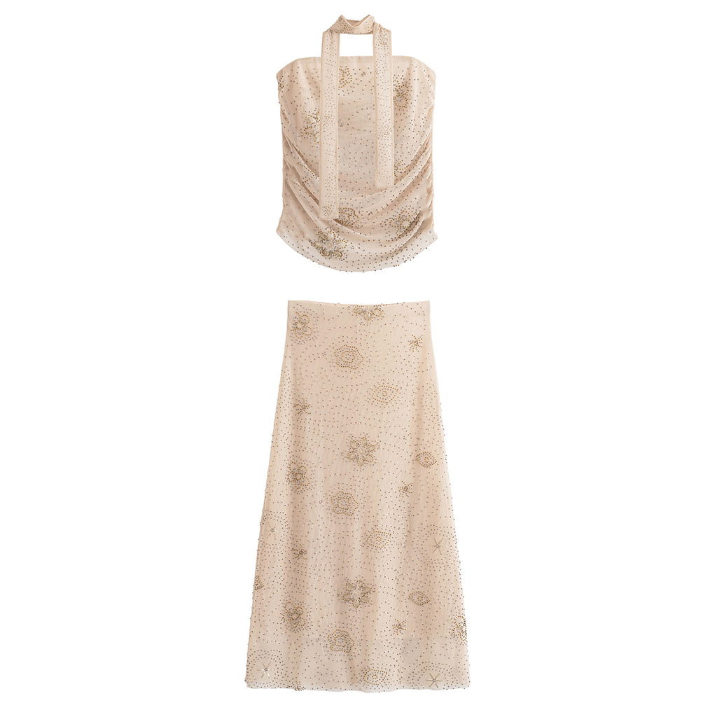 Women's Beaded Gauze Top and Skirt Two-Piece Set