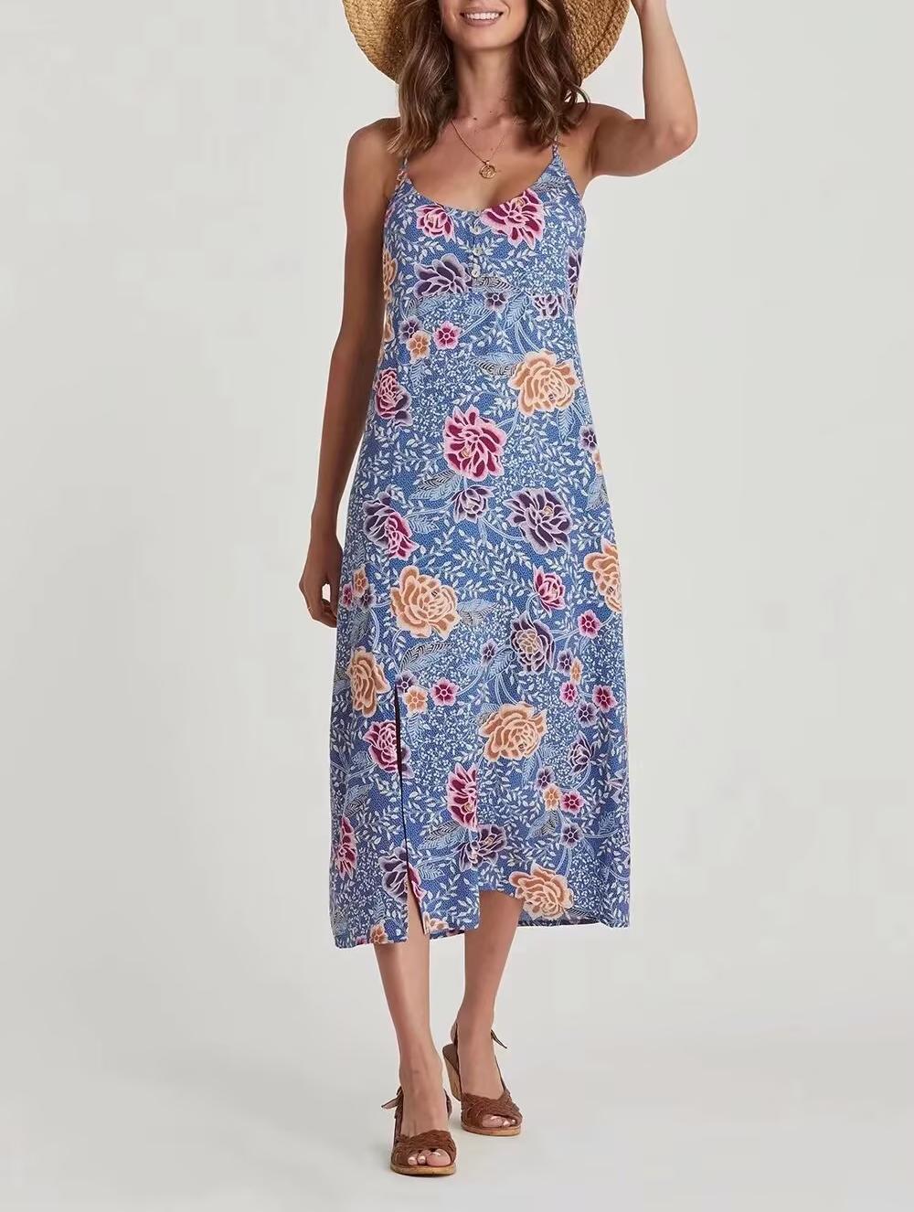Simple Rayon Floral-Print Sleeveless Split Dress