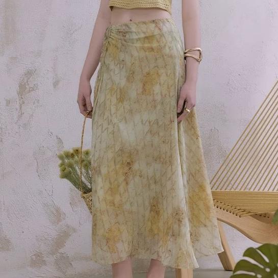 Summer Holiday Blooming Printed Pull Belt Chiffon Skirt