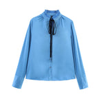 Women’s Satin Chiffon Ruffle Tie Neck Long Sleeve Blouse