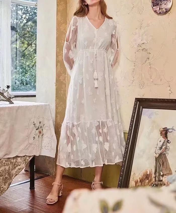 Summer V-Neck Butterfly Embroidered Lace Off-Shoulder Waist Chiffon Dress
