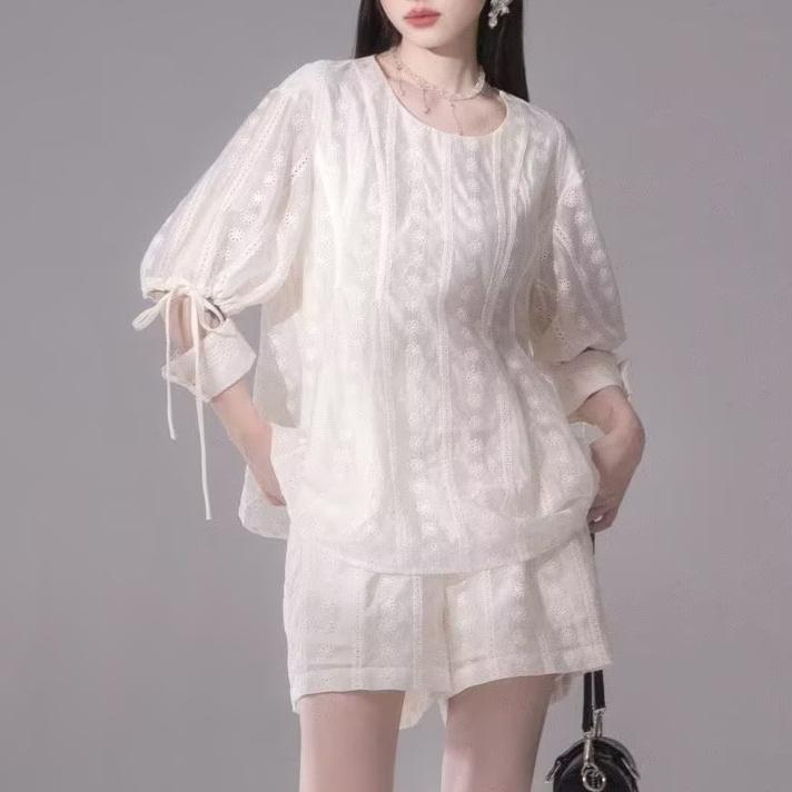 Tops Loose Embroidery Semi Elastic Design Short-Sleeve Shorts Two-Piece Set