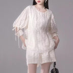 Tops Loose Embroidery Semi Elastic Design Short-Sleeve Shorts Two-Piece Set