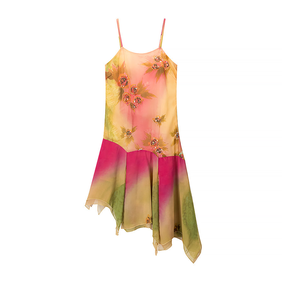 Ruffled Hem Spaghetti-Strap Elegant Embroidered Floral Summer Dress