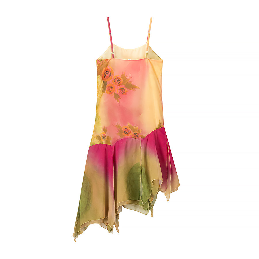 Ruffled Hem Spaghetti-Strap Elegant Embroidered Floral Summer Dress