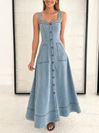 Women's Button-Front V-Neck Maxi Dress