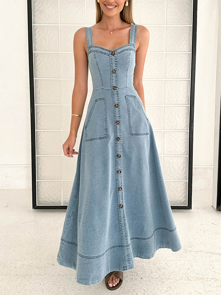 Women's Button-Front V-Neck Maxi Dress