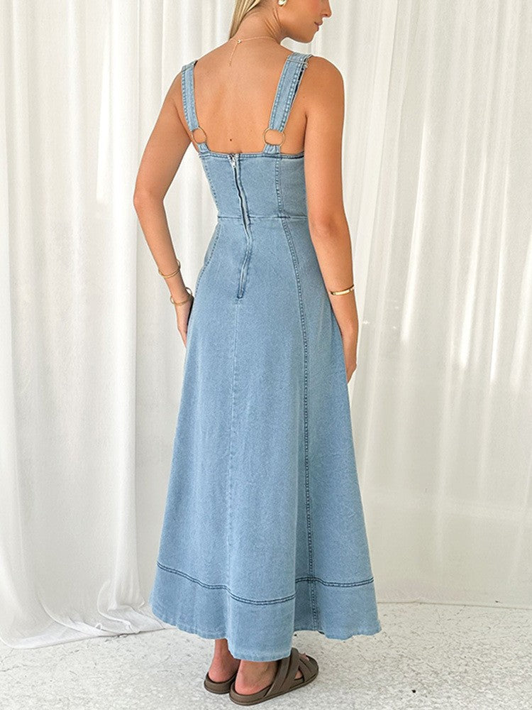 Women's Button-Front V-Neck Maxi Dress