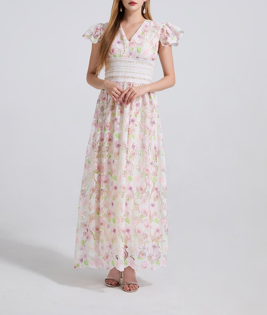 Floral Lace Flutter-Sleeve A-Line Maxi Dress