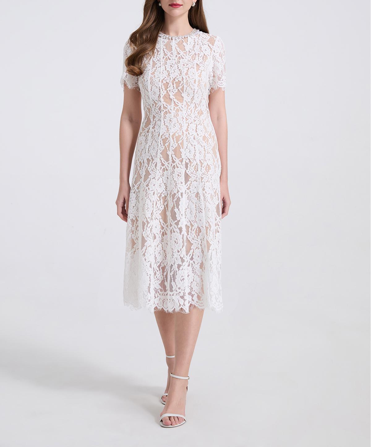 Women's Lace Beaded Rhinestone A-Line Midi Dress