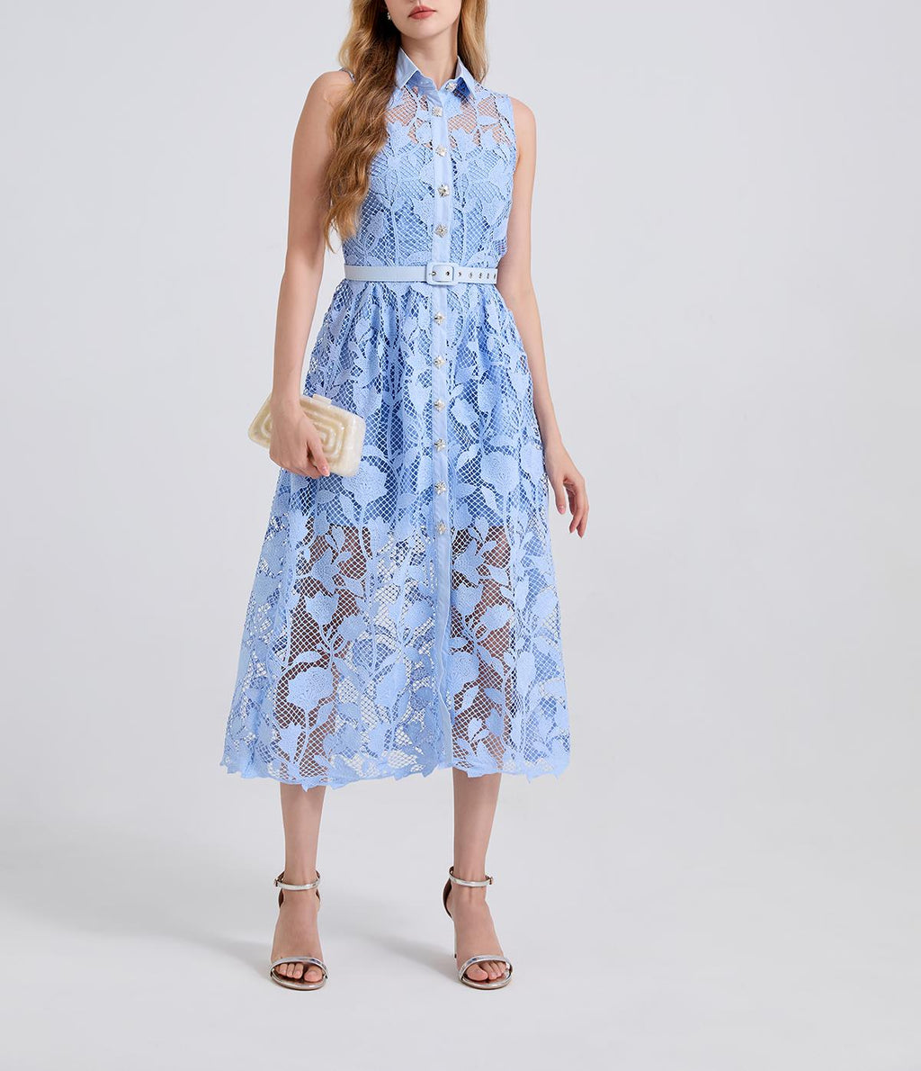 Women's Floral Embroidered Belted Shirt Maxi Dress