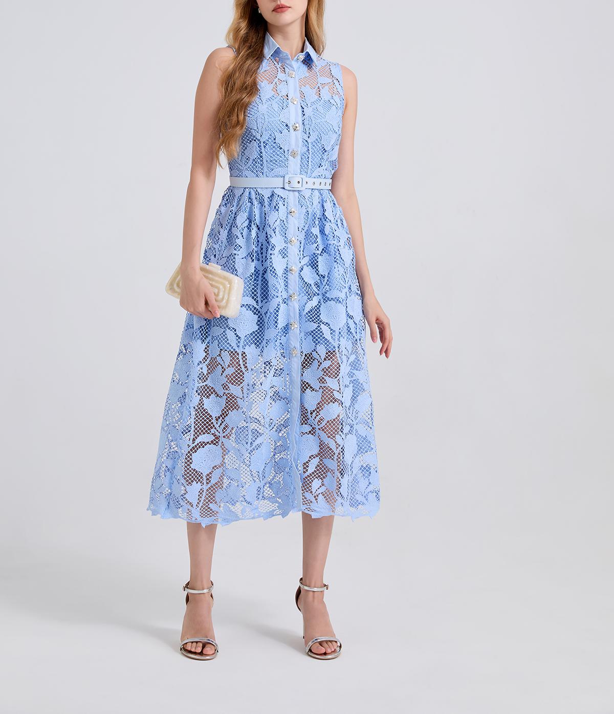 Women's Floral Embroidered Belted Shirt Maxi Dress
