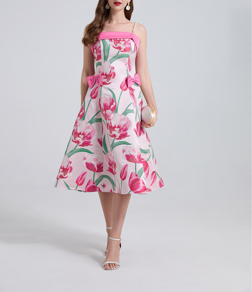 Women's 's Jacquard Bow Pearl-Strap A-Line Dress