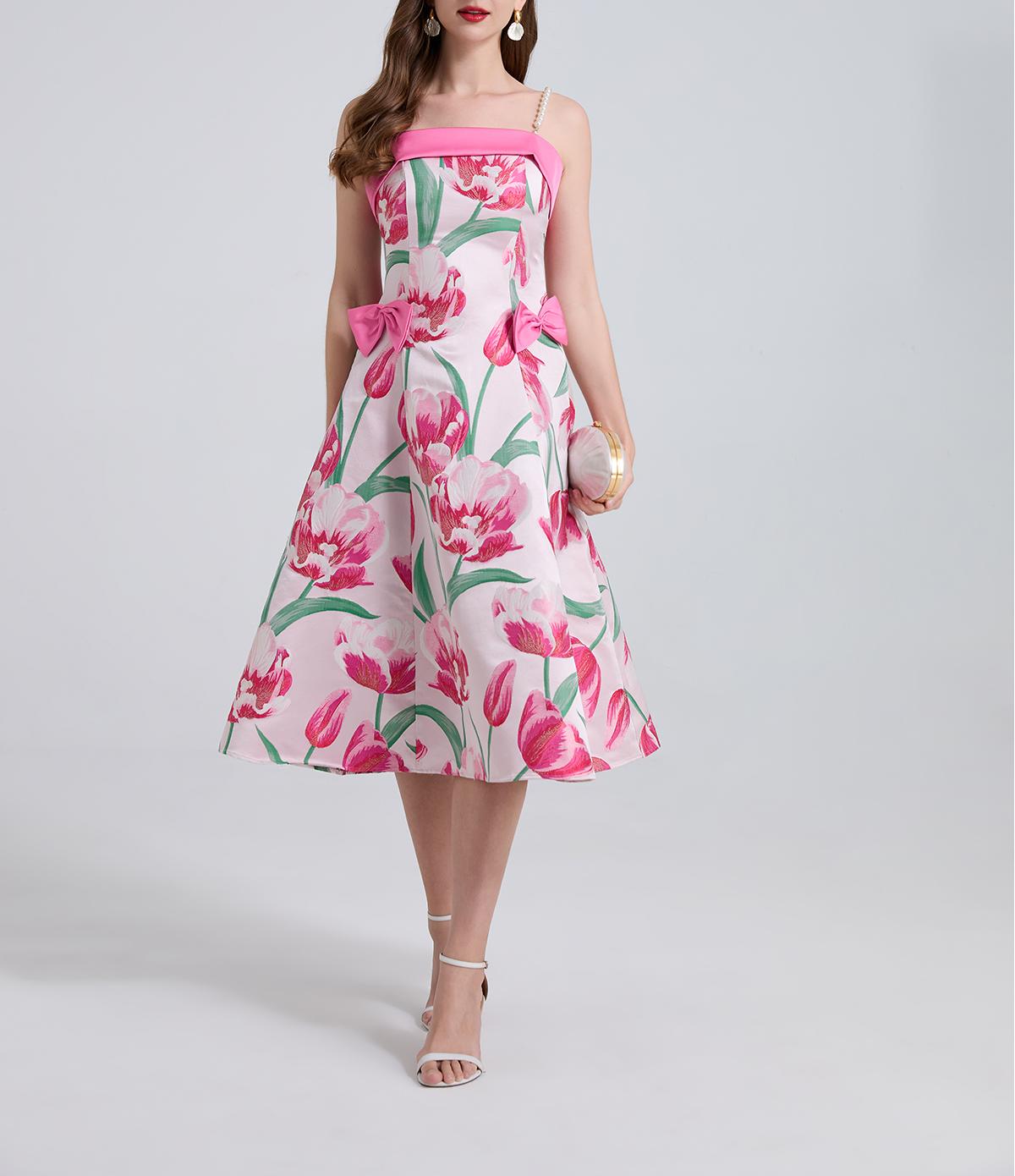 Women's 's Jacquard Bow Pearl-Strap A-Line Dress