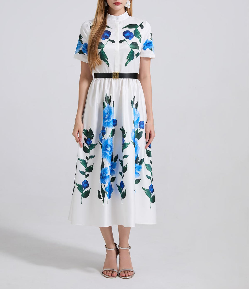 Floral Belted Short-Sleeve A-Line Maxi Dress