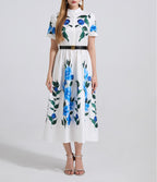 Floral Belted Short-Sleeve A-Line Maxi Dress