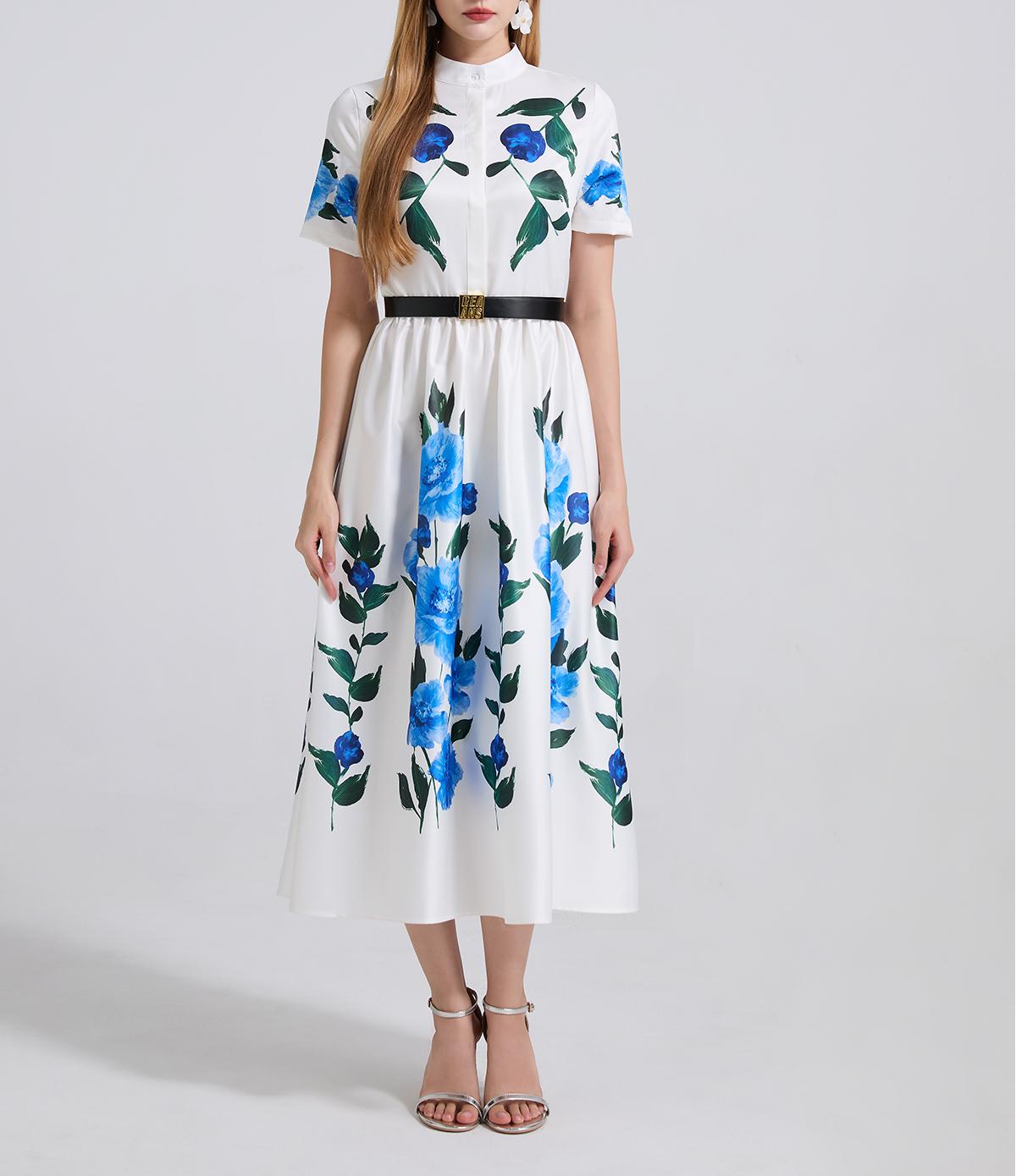 Floral Belted Short-Sleeve A-Line Maxi Dress