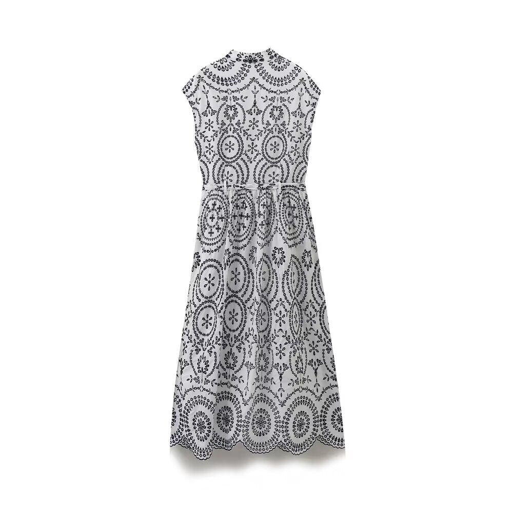 Floral Embroidered V-Neck Belted Sleeveless A-Line Midi Dress