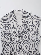 Floral Embroidered V-Neck Belted Sleeveless A-Line Midi Dress