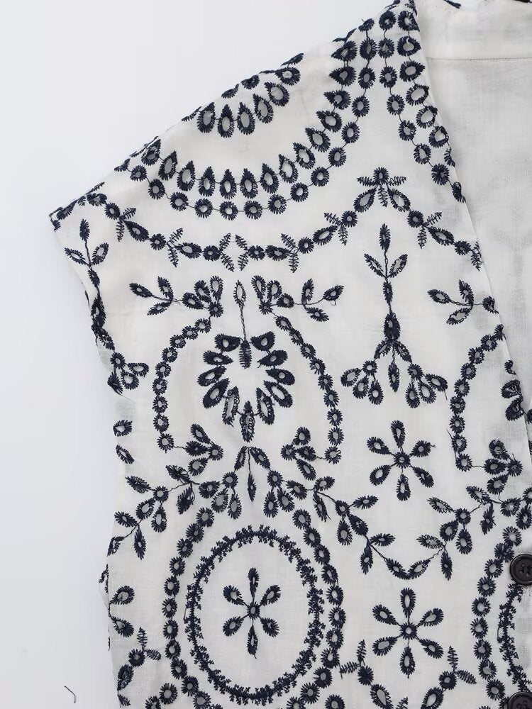 Floral Embroidered V-Neck Belted Sleeveless A-Line Midi Dress