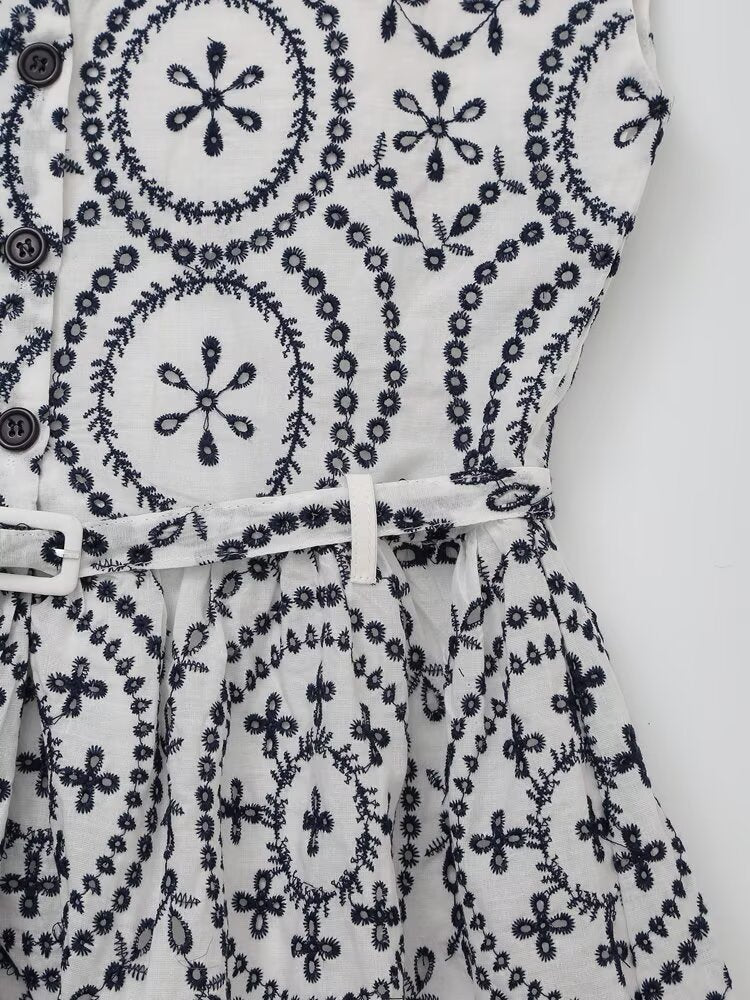 Floral Embroidered V-Neck Belted Sleeveless A-Line Midi Dress