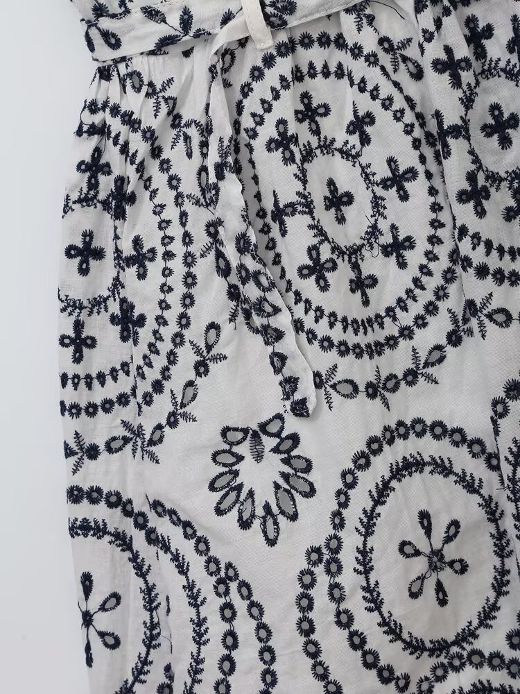 Floral Embroidered V-Neck Belted Sleeveless A-Line Midi Dress
