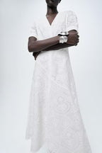 Embroidered V-Neck Short-Sleeve A-Line Midi Dress