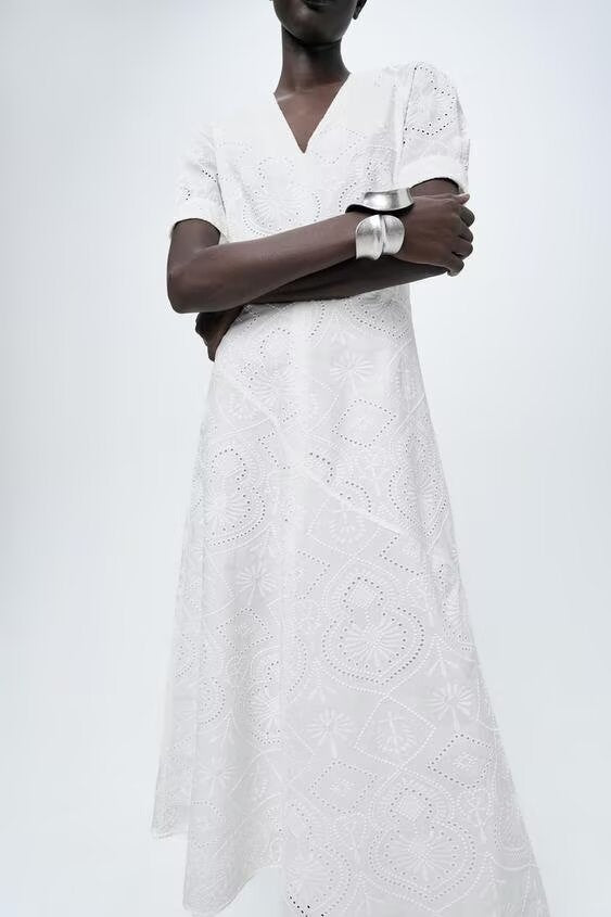 Embroidered V-Neck Short-Sleeve A-Line Midi Dress