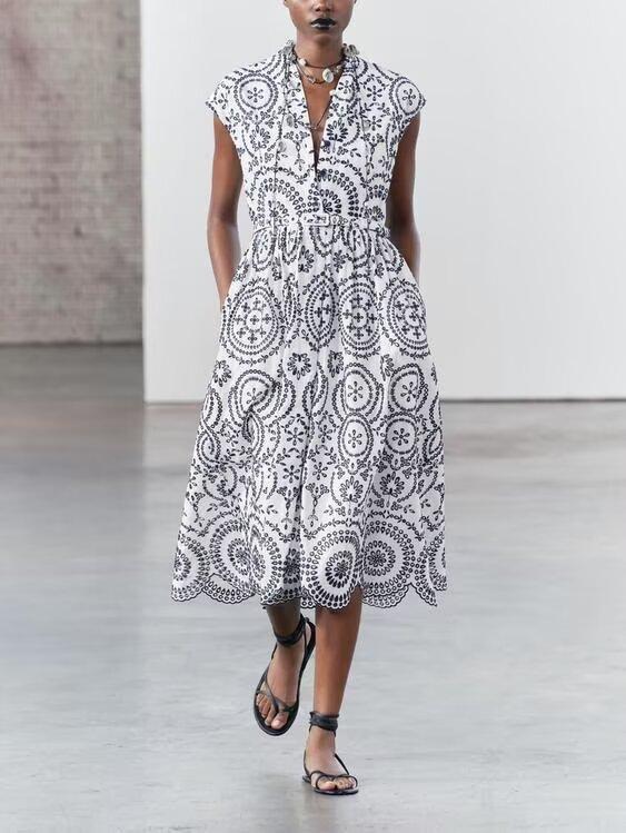 Floral Embroidered V-Neck Belted Sleeveless A-Line Midi Dress