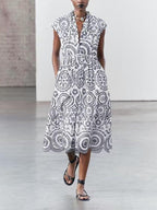 Floral Embroidered V-Neck Belted Sleeveless A-Line Midi Dress