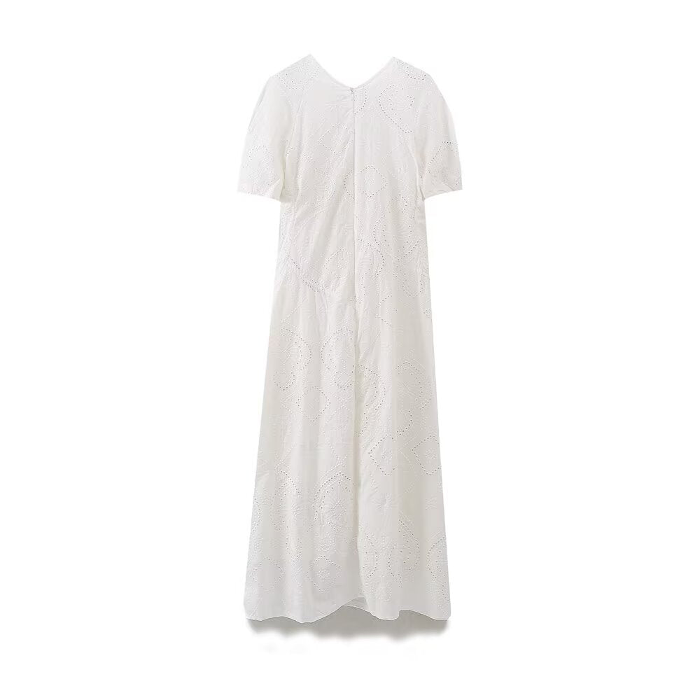 Embroidered V-Neck Short-Sleeve A-Line Midi Dress