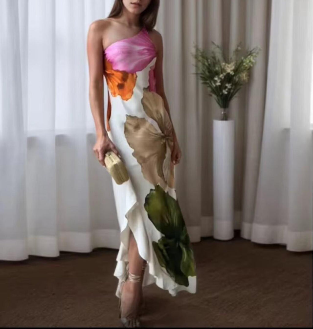 Women's Floral One-Shoulder Asymmetric Split Dress