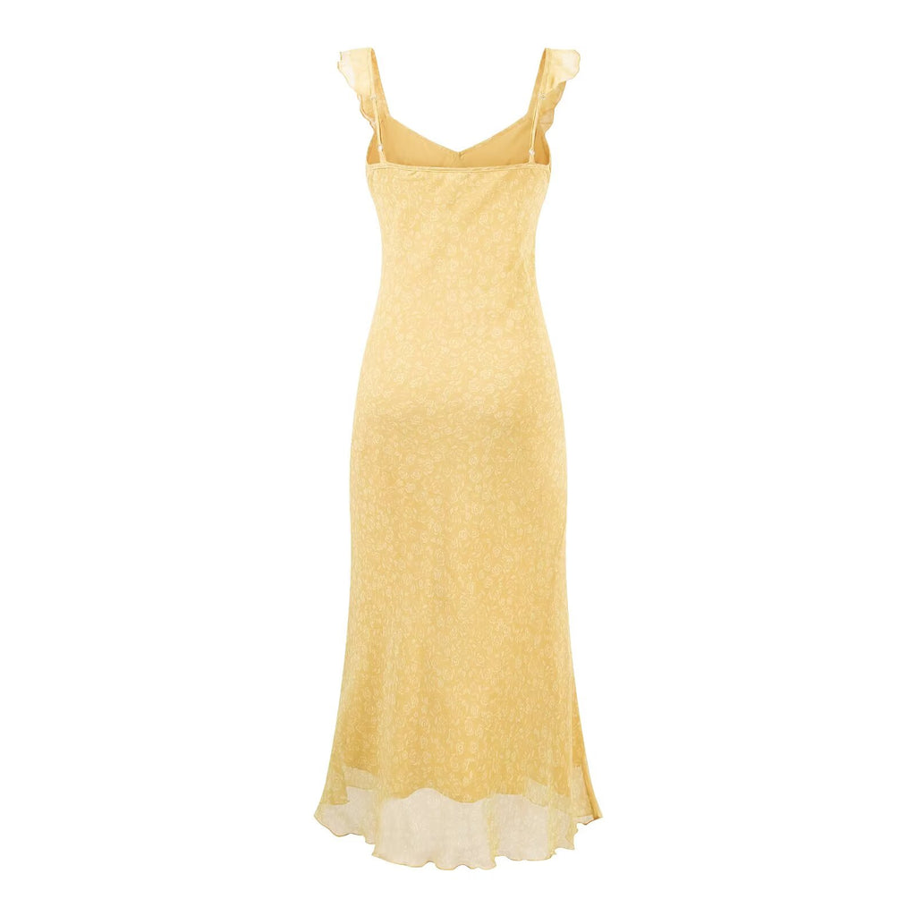 Women's V-Neck Floral Tie Ruffle Ruched Flutter-Sleeve Bodycon Midi Dress