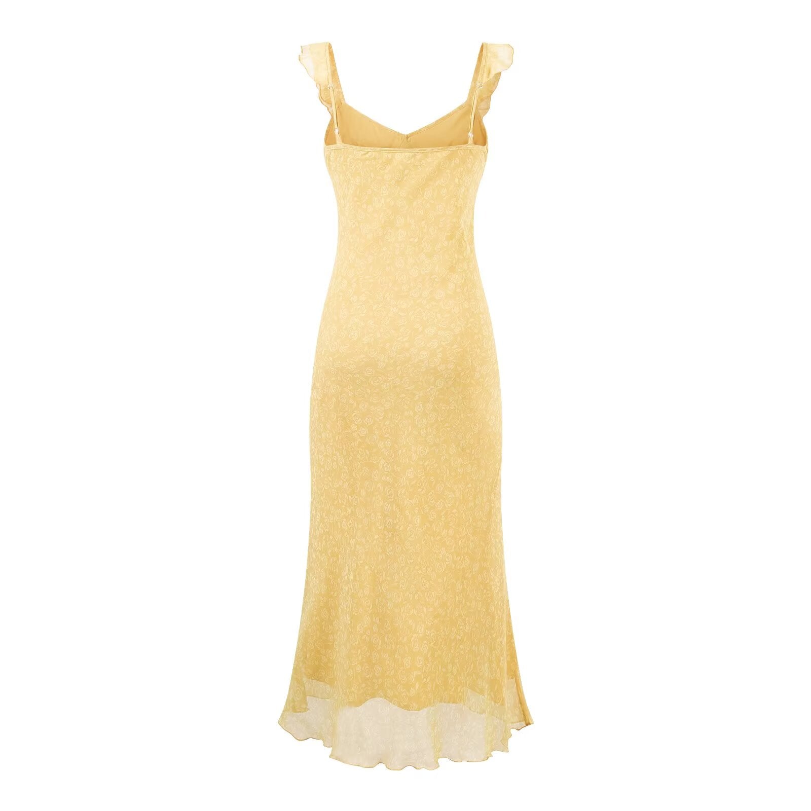 Women's V-Neck Floral Tie Ruffle Ruched Flutter-Sleeve Bodycon Midi Dress