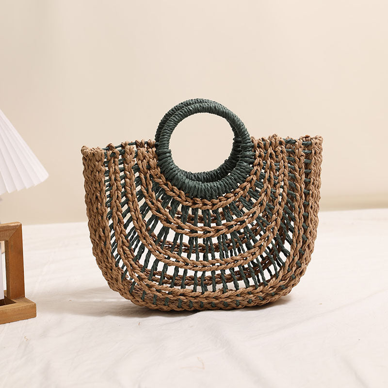 Women's Hollowed Out Semicircle Bag Round Handle Contrast Color Bag