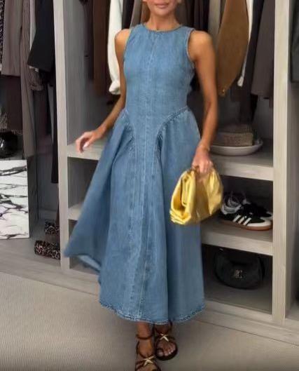 Women's Lace-Up Cutout Denim Maxi Dress