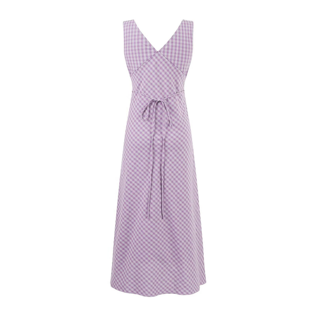 Women's Summer Holiday Casual Purple Pattern V Neck Lace Up Waist Tight Dress