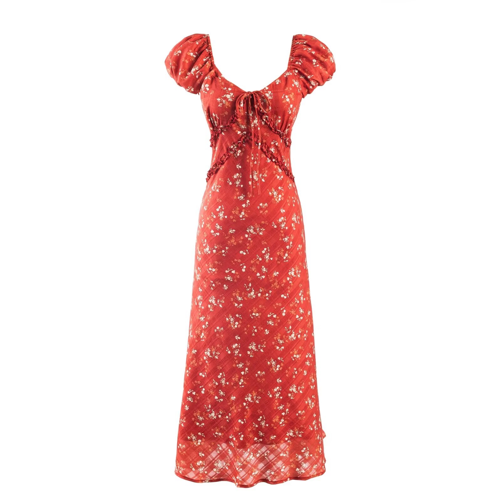 Women's Floral V-Neck Puff-Sleeve Maxi Dress
