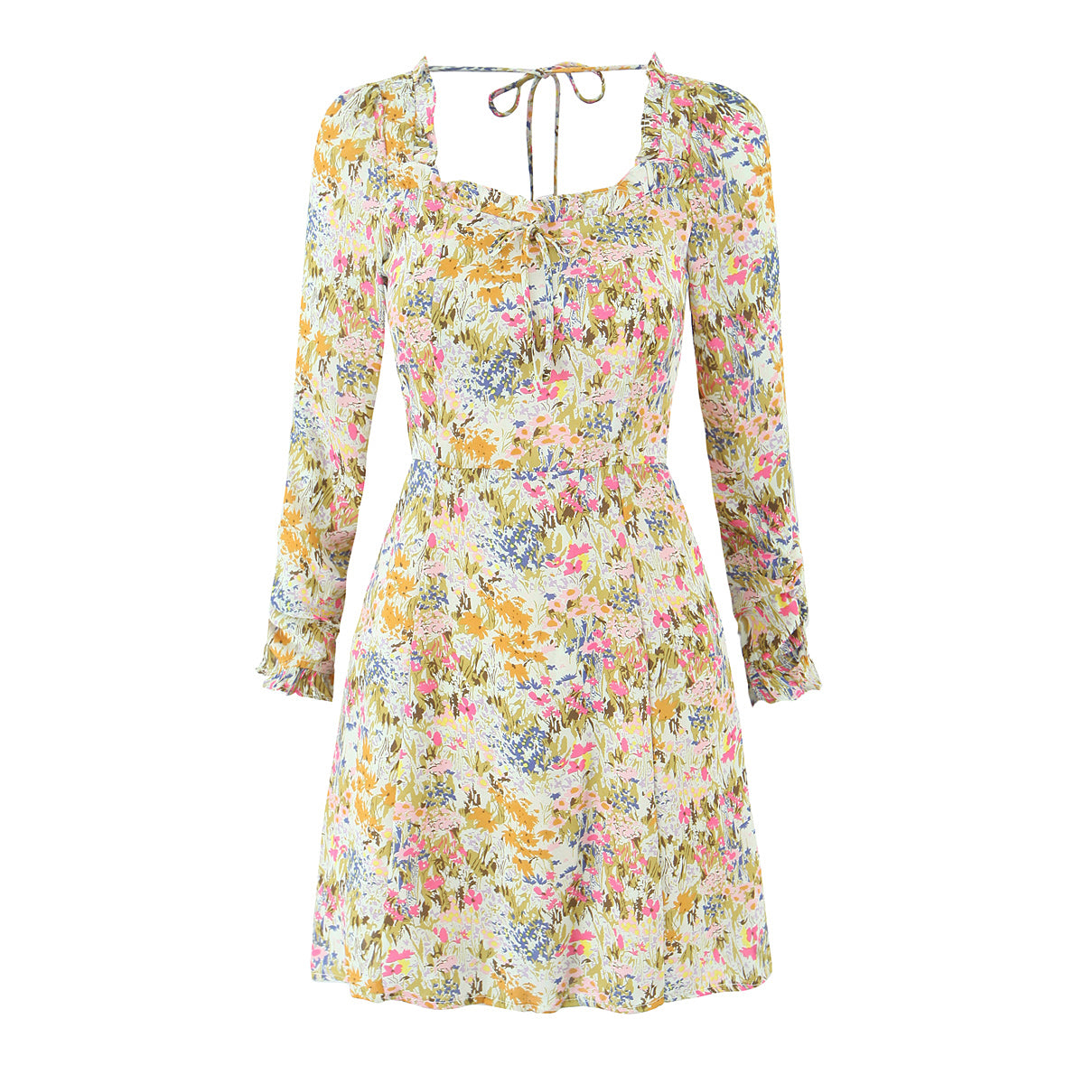 Floral Square-Neck Backless Dress