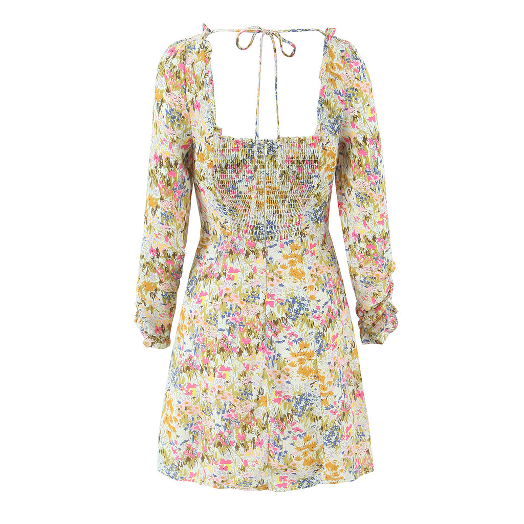Floral Square-Neck Backless Dress