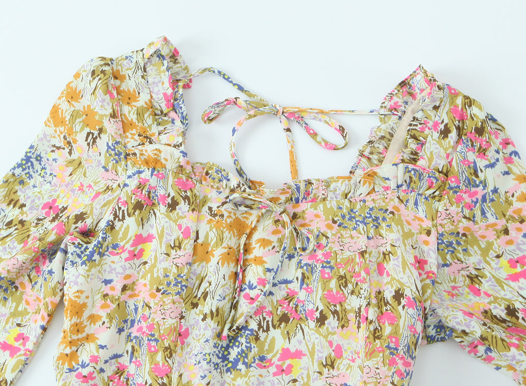 Floral Square-Neck Backless Dress