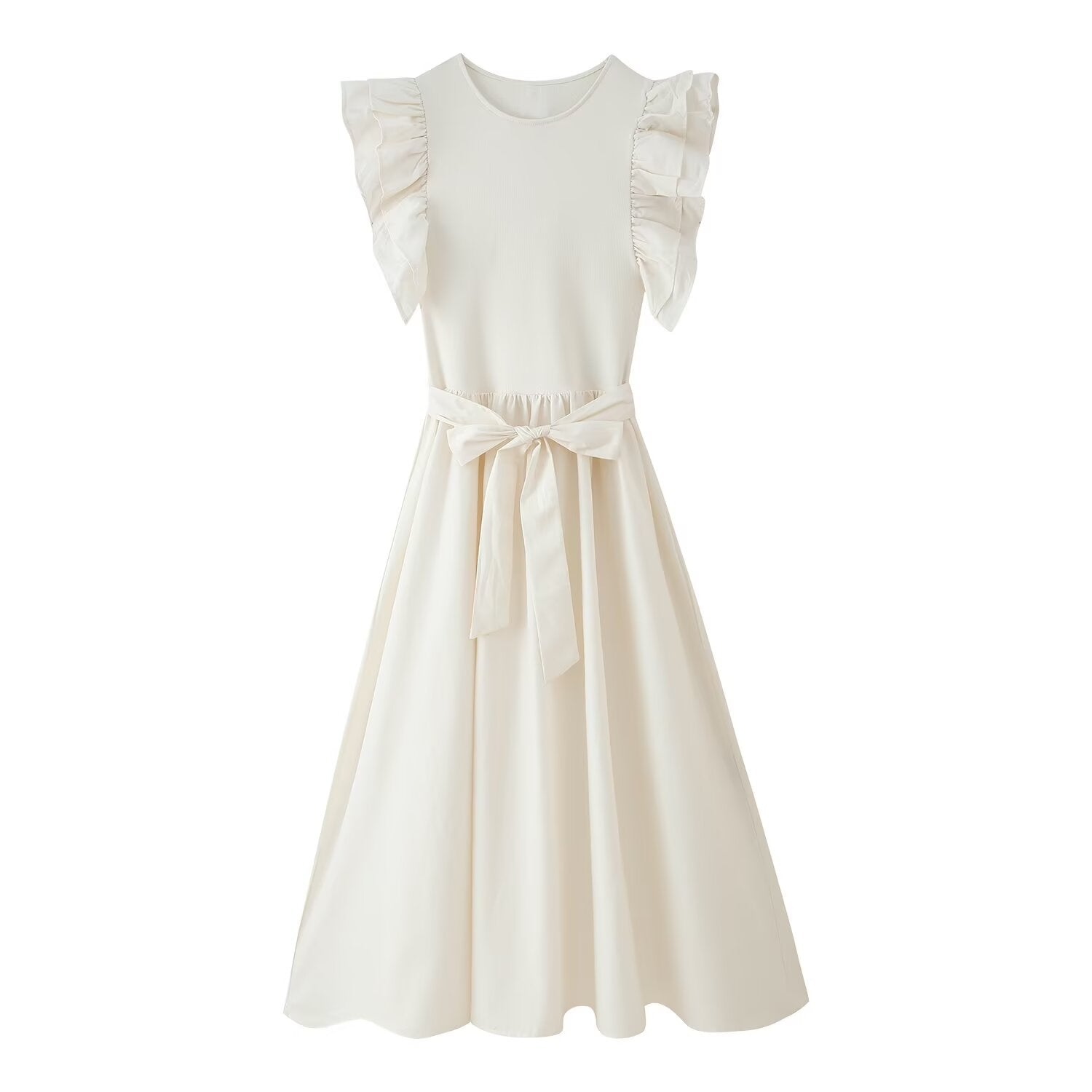 Crew-Neck Belted Ruffle A-Line Midi Dress