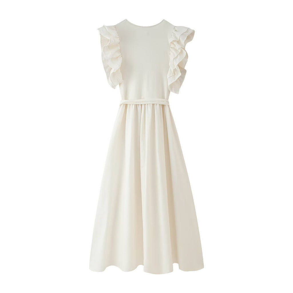 Crew-Neck Belted Ruffle A-Line Midi Dress