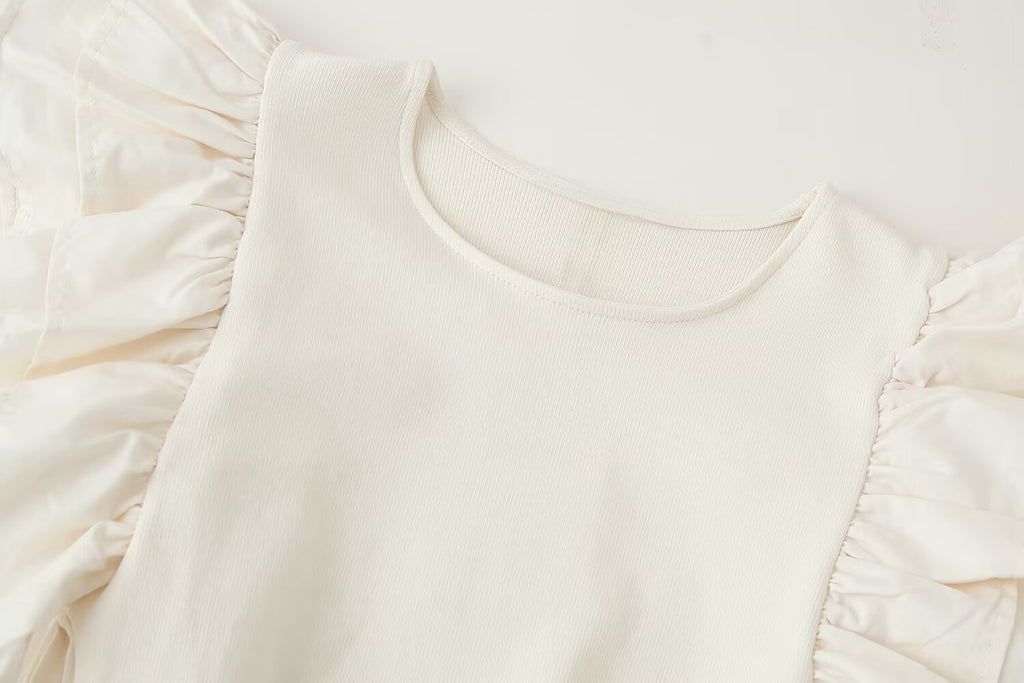 Crew-Neck Belted Ruffle A-Line Midi Dress