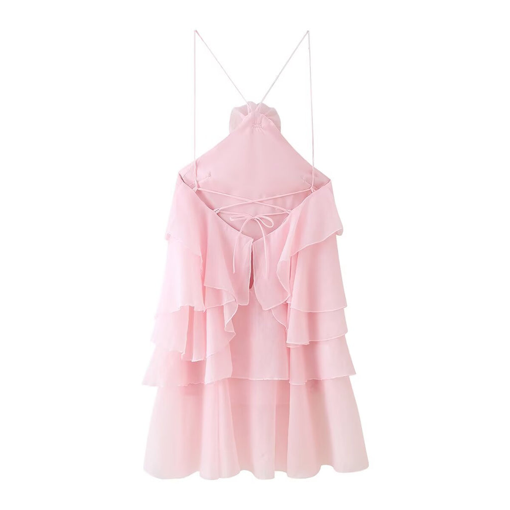 3D Floral Lace-Up Halter Mini Dress
