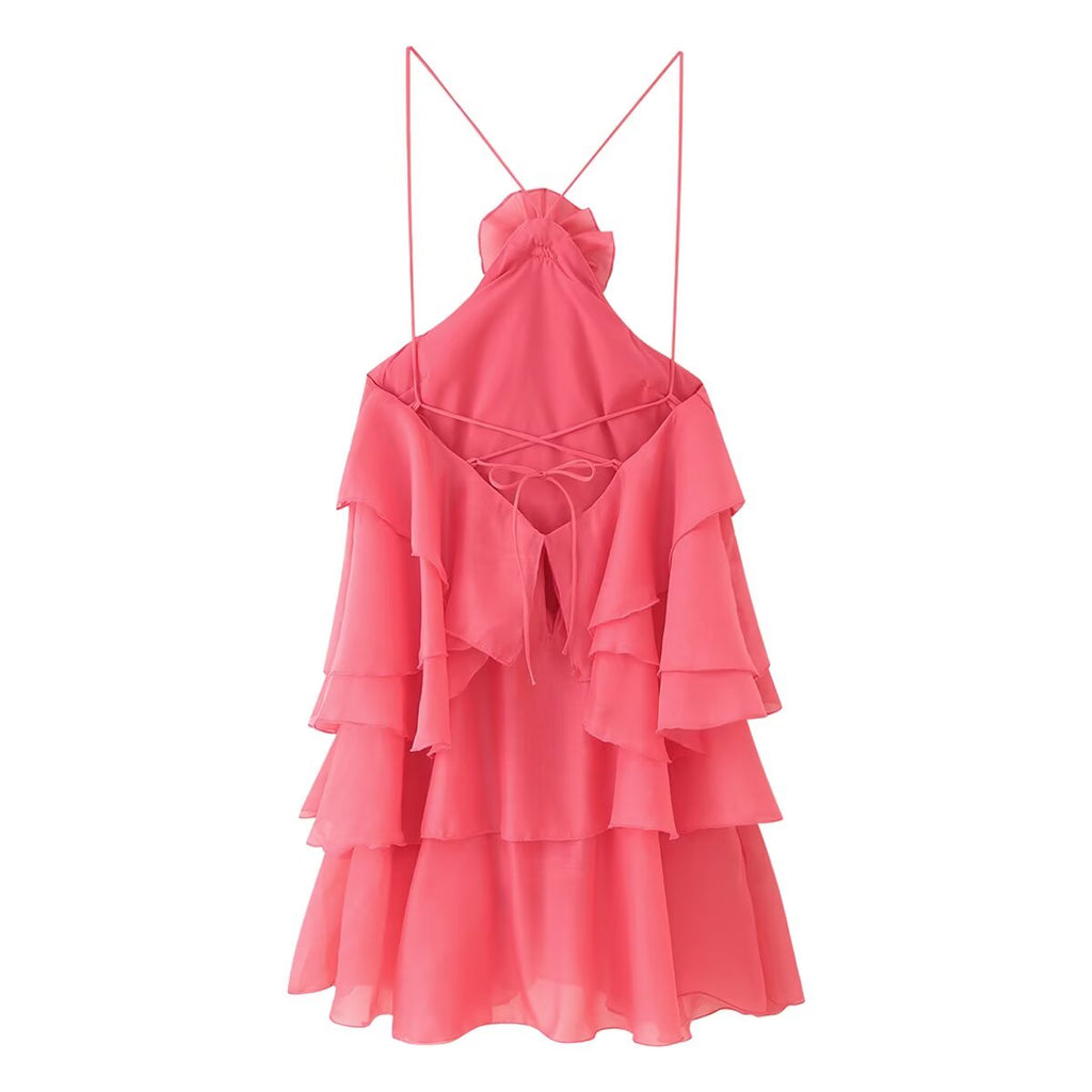 3D Floral Lace-Up Halter Mini Dress